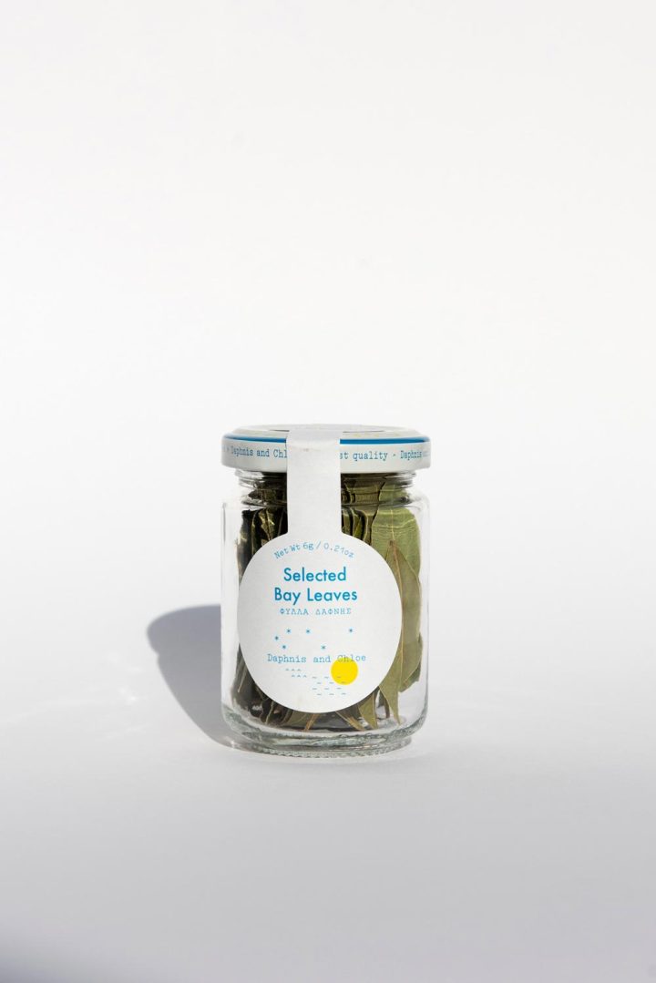 Daphnis and Chloe Selected Bay Leaves Glass Jar Front White BG For WEB