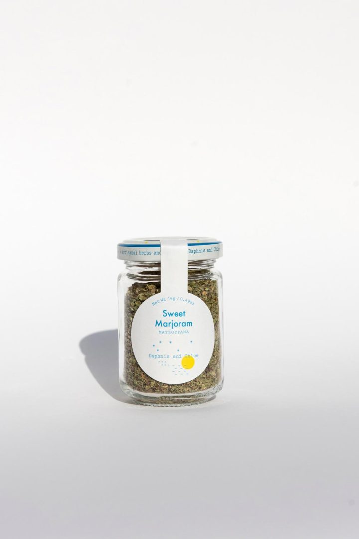 Daphnis and Chloe Sweet Marjoram Glass Jar Front White BG For WEB
