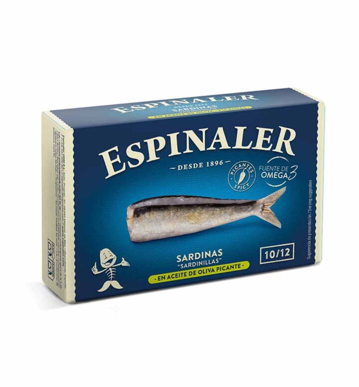 Espinaler-Baby-Sardines-in-Spicy-Sauce-10-12-Classic-Line,-125g-front-white-BG-for-WEB