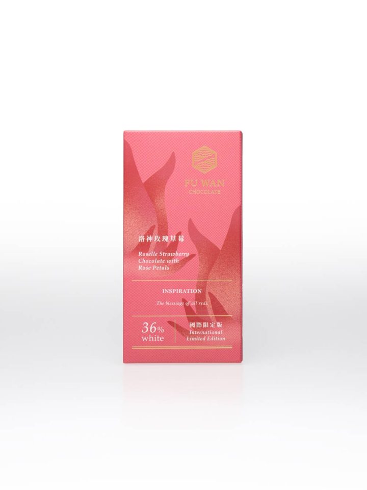 Fu Wan Roselle & Strawberry with Rose Petals White Chocolate 36% Front White BG For WEB