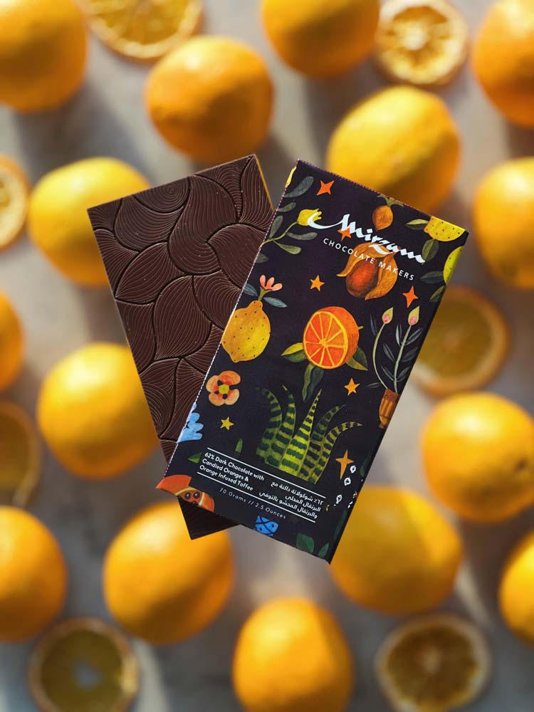 Mirzam 62% Dark Chocolate with Candied Oranges & Orange Infused
