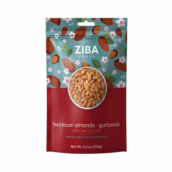 Ziba Heirloom Almonds Gurbandi (Raw), 150g front white BG for WEB